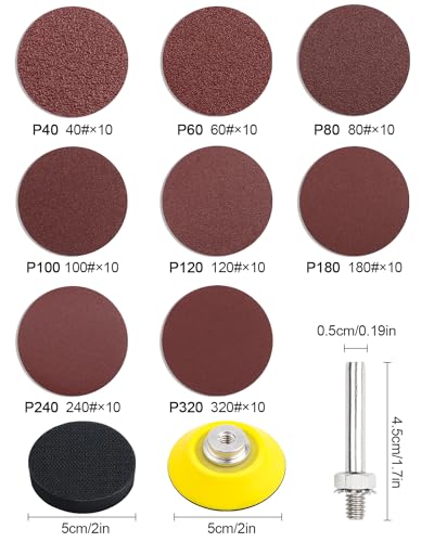 JatilEr 80 Stück Schleifpapier 50mm Klett, 2 Zoll Rund Schleifpads Körnung P40 P60 P80 P100 P120 P180 P240 P320 Exzenterschleifer Schleifscheiben Pad Kit Polierpad Adapter für Poliert Auto Metall Holz