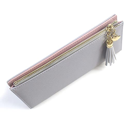 Image of SUMGOGO Wallets for Women Slim Clutch Purse Handbag Card Holder Womens Long Tassel Zipper Pocket Fashion Taiga Leather Billfold Wallet (Gray)