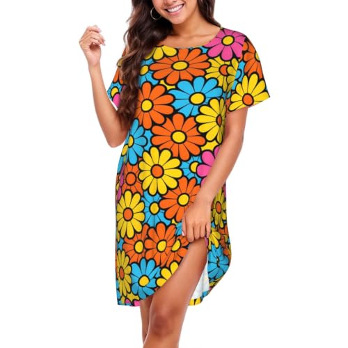 YSBKN 1960s Retro Hippie Flower Daisy Nightgowns For Women Soft Cotton Sleepshirt Short Sleeve Lounge Dress Casual Ladies Sleepwear Small