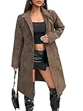 Gudasuo Womens Long Suede Trench Coat Windbreaker Classic Belted Lapel Collar Fall Winter Overcoat Faux Leather Jackets Blazer Open Front (0025, BR, M)