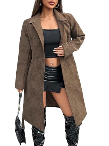 Long Suede Trench Coat Women Faux Leather Jacket Loose Button Lined Jacket Open Front Motorcycle Coat with Belt