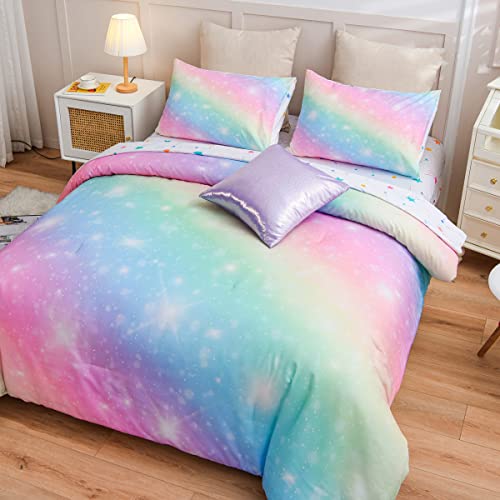 Ntbed Galaxy Comforter Set Soft Microfiber Gradient Glitter Printing Bedding Sets For Teens Boys Girls Kids (Pink Yellow, Full6Pcs) #TOP1