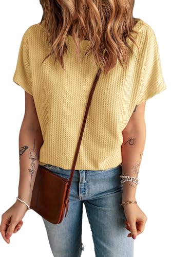KINLONSAIR Women's Waffle Short Sleeve T Shirt Casual Loose Boat Neck Summer Tee Tops2