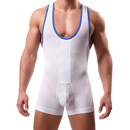 SHANGLY Hommes Sexy sous-vêtements Bodysuit Wrestling Singlet Respirant Impression Sport d'entraînement Jumpsuit,Blanc,M Cover