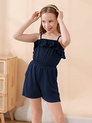 Gorlya Girls Elegant Straped Jumpsuit Rompers Casual Ruffle Trim Overlay Jumpers Short Outfits 4-14T(Gor1153,4Y,Navy) #TOP2