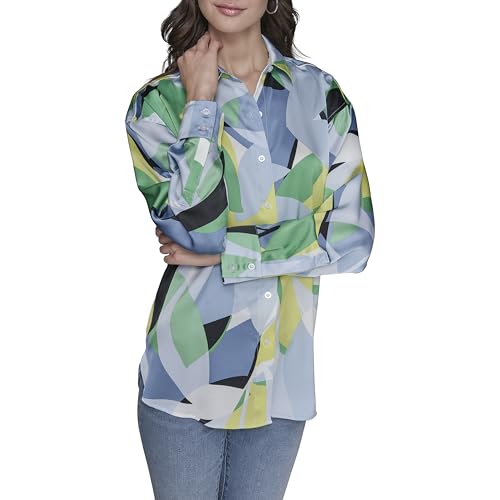 KARL LAGERFELD Paris Women's Sportswear Button Down, Flore Green/Chambray Multi, Small