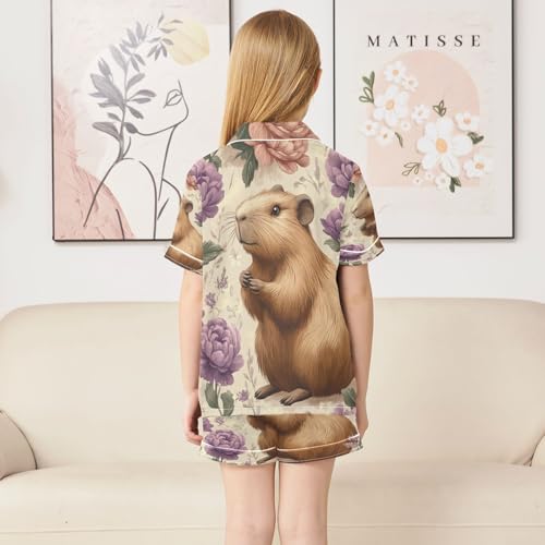Satin Pajama Sets Short Sleeve Floral Guinea Pig Pattern Button Down Silky Nightwear 2 Piece PJS 5-14Y4