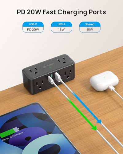 Image of TROND Small Footprint Desk Clamp Power Strip with USB C PD 20W, Flat Plug Extension Cord Surge Protector 5ft, 6 Wide Space Outlets 4 USB, Fit 2.16 inch Tabletop Edge, Home Office Desk Accessories, Black