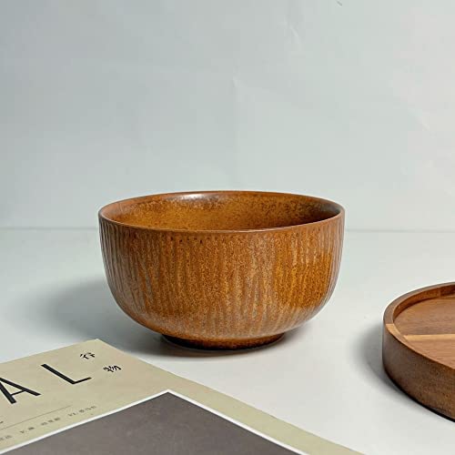 日本の木製セラミック ボウル 釉薬丼 ヌードル ボウル フルーツ サラダ ボウル 朝食 オートミール ボウル (木の色)