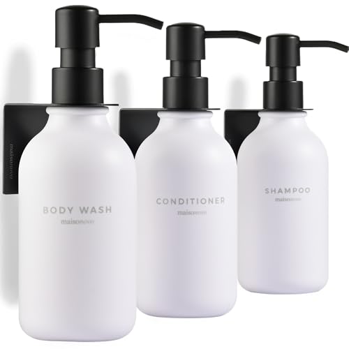 Image of Shampoo and Conditioner Dispenser Wall Mounted Set of 3 White Black - No Drill Shower Soap Dispenser for Bathroom Refillable - Spa Hotel Style Accessories by MaisoNovo
