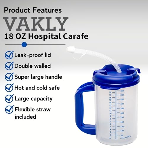 Vakly Hospital Carafe Insulated Double-Walled Water Tracking Thermos – 18 oz capacity Hot and Cold Refillable Water Bottle – With Flexible Straw and Pouring/Sipping Spout (1)