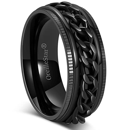Fidget Ring For Men Anxiety Rings: Spinner Ring For Women Titanium Stainless Steel Thumb Ring With Chain Men's Stress Relief Spinning Ring 8Mm Wide Fidget Jewelry Black Blue Silver Size 6-12 (8Mm-Black Chain, 9) #TOP5