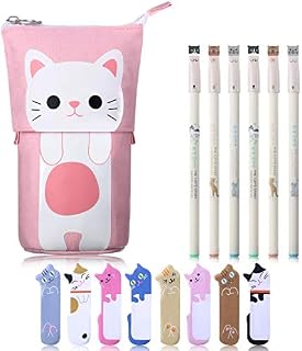 Cartoon Cute Kawaii Cat Stationery Pencil Set Canvas Cat Telescopic Pouch Bag 6 Colorful Cats Design 0.38 mm Black Gel Ink Pens 240 Cat Notes Page Flags Index Tabs (Funny Cat Style)