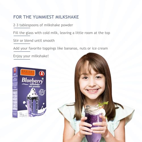 Image of BAKERS Milk Shake Mix Powder - Blueberry Flavor Pack of 4, Each 100g (400 Gram) | Instant Thick & Creamy Shake Mix | Rich & Delicious Dessert Drink | Ready to Mix with Milk | No Preservatives |Ready in 30 Sec