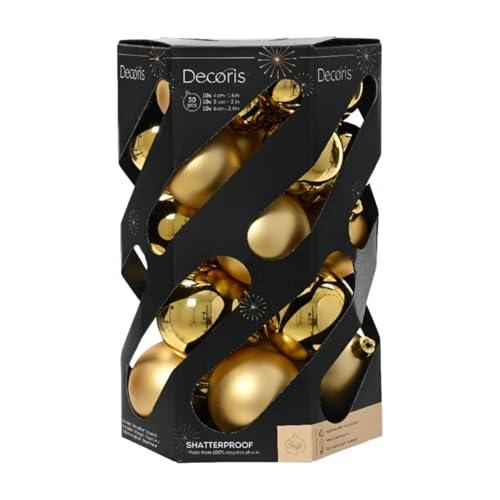 Image of Decoris Shatterproof Gold Christmas Baubles Tree Ornaments in Matte, Shiny & Glitter Finishes, Lightweight Tree Decorations for Holiday & Party Premium Shatter-Resistant Holiday Decorations 30Pcs