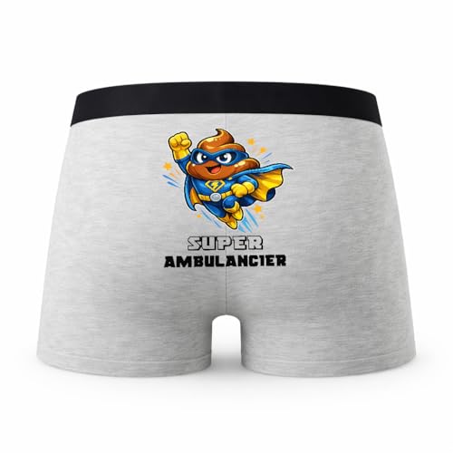 Planetee Caleçon Super Ambulancier - Humour Boxer Gris Idée Cadeau - Taille M