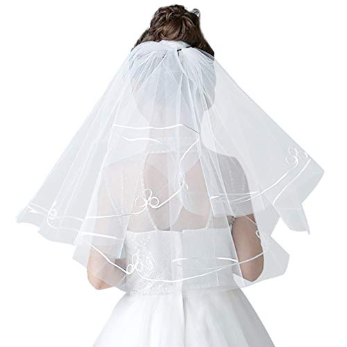 CRIZAN New White Flower Girls Lace Silver Lined Edge Short Bridal Wedding Veil