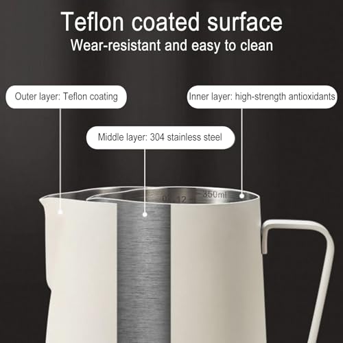 Milk Jug Stainless Steel,Tianher Milk Jug Cup Stainless Steel Frothing Pitcher 350ml with Measurement and Latte Decorating Art Pen for Barista Making Coffee Cappuccino(White) - Image 3