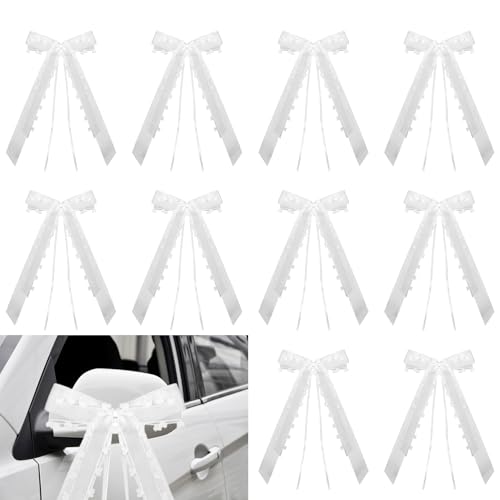Lot de 10 Nœuds Voiture Mariage,Décoration Ruban Voiture Mariage,Rubans pour Voitures,Sangle de Joie Décorative Blanche,Tulle Magnifique Nœud Papillon,Pour...