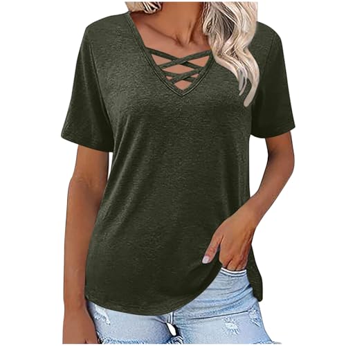 Womens Summer Tops Criss Cross V Neck Shirts Short Sleeve Loose Blouses Dressy Casual Basic Tshirts Soft Tunic Tops A01 Army Green Large
