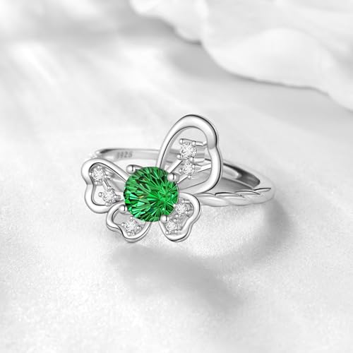 Birthstone Butterfly Opening Ring - 925 Sterling Silver Firework-Cut Cubic Zirconia May Emerald Adjustable Ring Anniversary Promise Ring Birthday Jewelry Gift for Women Mom Daughter DR0165G — view 3