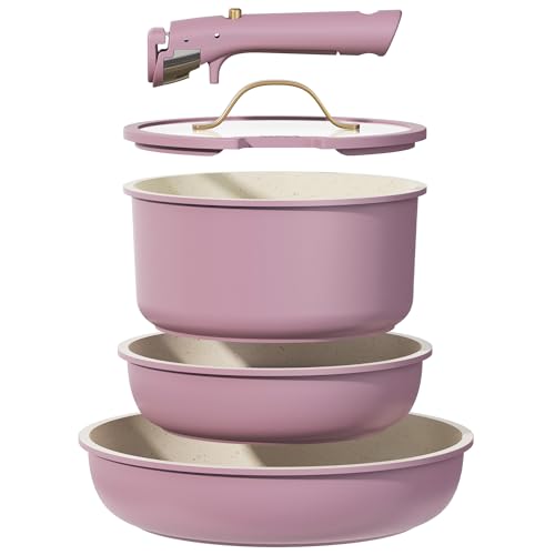 CAROTE 5pcs Pots and Pans Set, Nonstick Cookware Set Detachable Handle, Induction Kitchen Cookware Sets Non Stick with Removable Handle, RV Cookware Set, Gold and Purple by CAROTE - Used condition - US$54.32