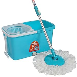 Gala Plastic Popular Spin Mop With Easy Wheels, Long handle, Microfibre Refill and Water Outlet in Blue with White…