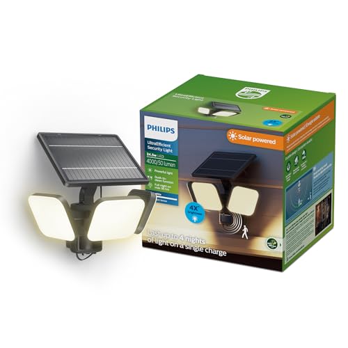 Philips Zyren UltraEfficient Solar Security Light, IP65 Weather-Resistant, 4000 Lumens, Broad Range Motion Sensor, Dusk-to-Dawn Operation, Replaceable Battery, Black, 3000K, 1 Light by Philips - Used condition - US$59.89