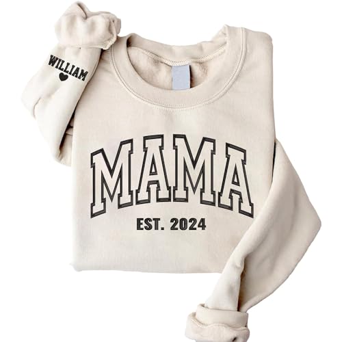 GiveSmiles Personalized Mama Embroidered Sweatshirt, Custom EST Date, Embroidered Kids Name On Sleeve With Heart, Mama Sweatshirts For Women, New Mom Gift, Gifts For Mothers Day, Birthday, Christmas