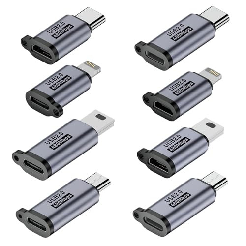 HENGBIRD 8 sztuk adapterów Lightning na USB C, adapter USB C, adapter micro USB, mini adapter USB żeński na męski USB 2.0 do nawigacji, kamery akcyjnej do stosowania smartfonów