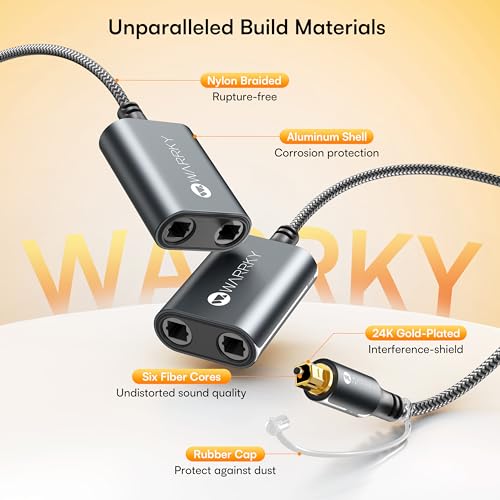 Warrky Optical Audio Splitter with 2FT Nylon Cable, Optical Splitter 1 in 2 Out [Aluminum Shell, Gold Plated] Toslink Splitter for LPCM 2.0, Dolby, DTS 5.1, Compatible with Soundbar, Headphones, TVs - Thumbnail 3