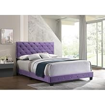 HomeStock Gothic Grandeur Bed in Luxurious Purple Velvet Upholstery with Deep Tufted Headboard and Footboard, Chrome Nail Head Accents, Faux Jeweled Tufting Queen
