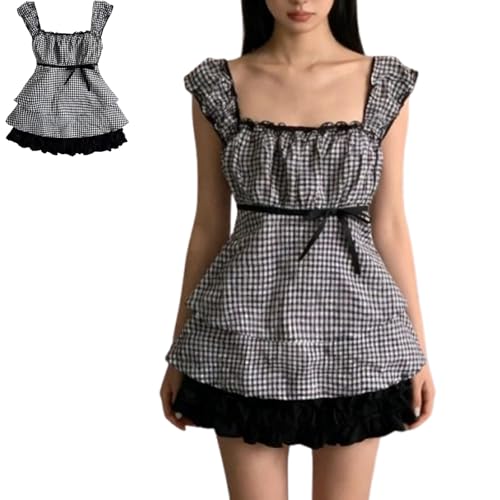 Women�fs Cute Polka Dot Graphic Lace Cami Top Ruffle Tank Sweet Cottagecore Y2k Aesthetic Waist-Cinching Top (Black,S) [���s�A���i]