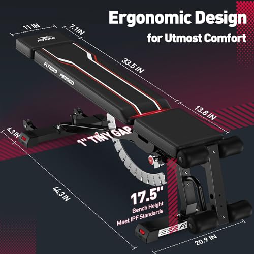 FLYBIRD Weight Bench, 1200lbs Capacity Adjustable Workout Bench with Detachable Headrest and Leg Support, Vertical Storage Space-Saving Exercise Bench for Home Gym- FB3000