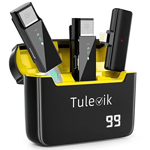 TULEVIK 2 Pack Wireless Microphone for iPhone iPad,iPhone Microphone with Charging Case,Phone Microphone Noise Cancellation, Wireless Lavalier Microphone for Interview Podcast Vlog YouTube