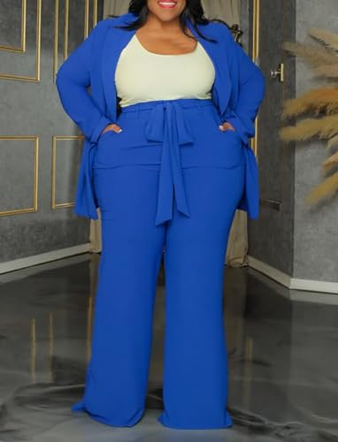 IyMoo Solid Color Tracksuit Women Long Sleeve Blazer Jacket Coat Straight Leg Pants 2 Piece Set Suit Bussiness Set Blue 2X