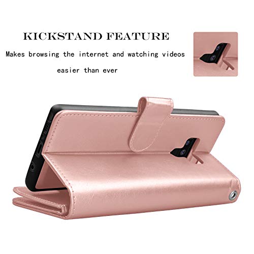 Njjex For Galaxy Note 9 Wallet Case, For Note 9 Case, Luxury Pu Leather [9 Card Slots] Id Credit Folio Flip Cover [Detachable][Kickstand] Magnetic Phone Case & Wrist Strap For Samsung Note 9 -Rosegold #TOP4