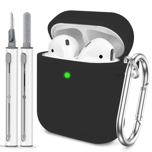 Woyinger for AirPods 1/2 Case Cover,Come with Cleaner Kit,Soft Skin Silicone Case Cover with Keychain, Full Protective Case for Men and Women, Compatible with AirPods 2nd 1st Generation Case,Black