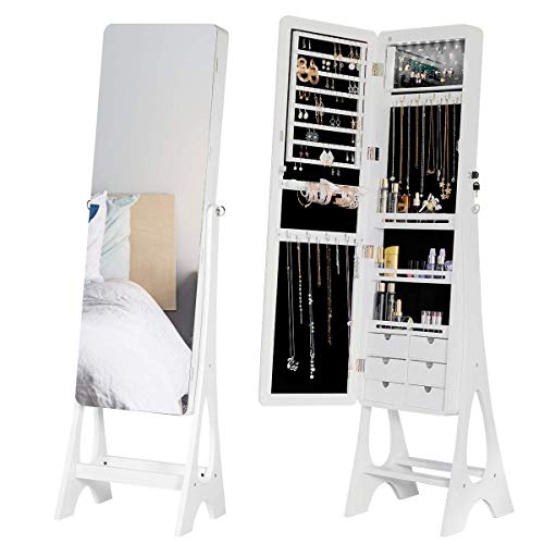 EROMMY Floor-Standing Jewelry Armoire, Frameless Full Length Mirror, Lockable Design, Angle Adjuestable Jewelry