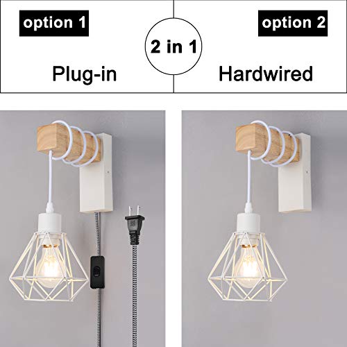 Modern Plug In Wood Cage Wall Lamp Industrial Rustic Lift Pipe - Retro Pendant Lamp Adjustable Hanging Wall Mount Lights Fixture - Wall Sconces Decoration For Indoor Living Room Kids Bedroom (White) #TOP4