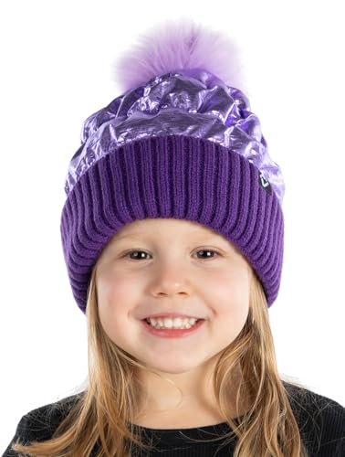 Funky Junque Shiny Puffer Knit Toddler Winter Hat Beanie with Faux Fur Pom-Pom, Fleece Lined, Ages 2-5