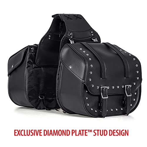 Diamond Plate 2 Piece Motorcycle Saddlebag Set, Heavy Duty Waterproof Pvc With Studs, Keep Your Belongings Safe And Dry With Style, Black #TOP4