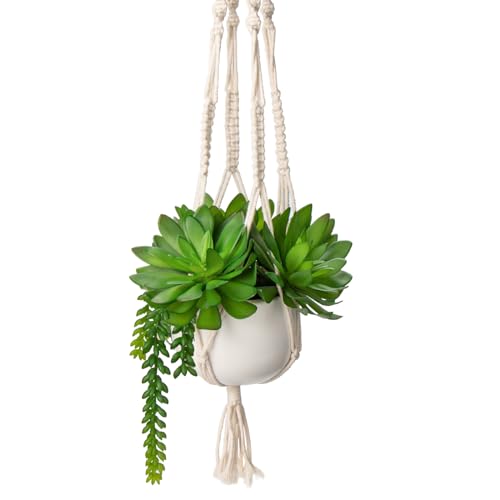 Hollyone Artificial Hanging Plants, Fake Potted Succulents with Cotton Ropes