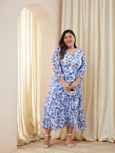 Image of Miss Chase A+ Women's V-Neck Three-Quarter Sleeve Floral Wrap Chiffon Midi Dress