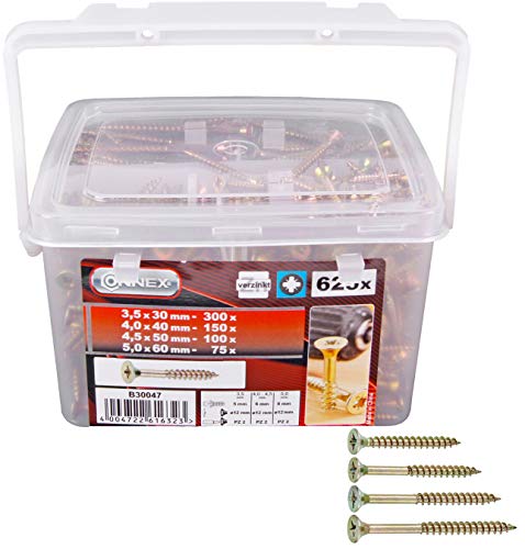 Connex Universalschrauben-Sortiment 625-teilig - Diverse Größen - Senkkopf - PZ Pozidriv-Antrieb - Voll- & Teilgewinde - Gelb verzinkt / Schrauben-Set / Schrauben-Eimer / B30047