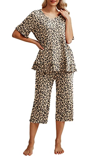 Prinstory Womens Pajama Set Short Sleeve Shirt And Capri Pants Sleepwear Pjs Set With Pockets Fp-Ld Khaki-L #TOP2