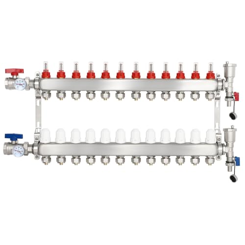 Image of Dollate 12-Loop Radiant Floor Heating Pex Manifold Stainless Steel Floor Heat Manifold Kit With for Hydronic Radiant Floor Heating