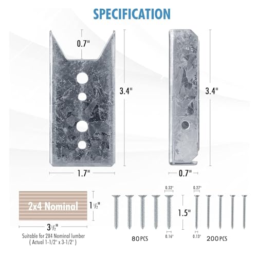 LukLoy 40 Pack 2x4 Brackets for Wood Rail, Fence Brackets Repair Kit Galvanized, Deck Railing Bracket Connectors for 2\"×4\"(Actually 1.5\"x3.5\") Wood Post, Includes 280PCS 304 Stainless Steel Screws - Thumbnail 5