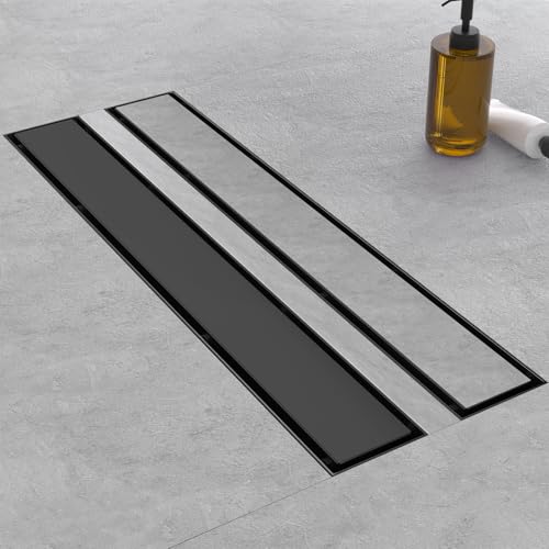 EBYTE Linear Shower Drain, 24 Inch Matte Black 304 Stainless Steel Shower Drain with Tile Insert Panels, Long Rectangle Shower Floor Drain with Adjustable Feet, Hair Catcher, Fits Bathroom, Balcony