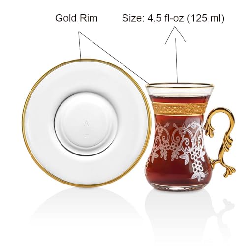 Vissmarta Gold Vintage Turkish Moroccan Persian Arabic Tea Glasses Cups and Saucers Set of 6 Drinking Glassware Party Adults Fancy Coffee Drinks Kettle Women Teacup Handle Drinkware Teapot by Vissmarta - Image 5